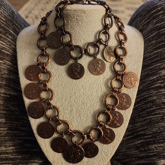 Vintage Copper Tone Foriegn Coin Charm Statement Necklace Bracelet Set Roman EUC - Picture 1 of 11